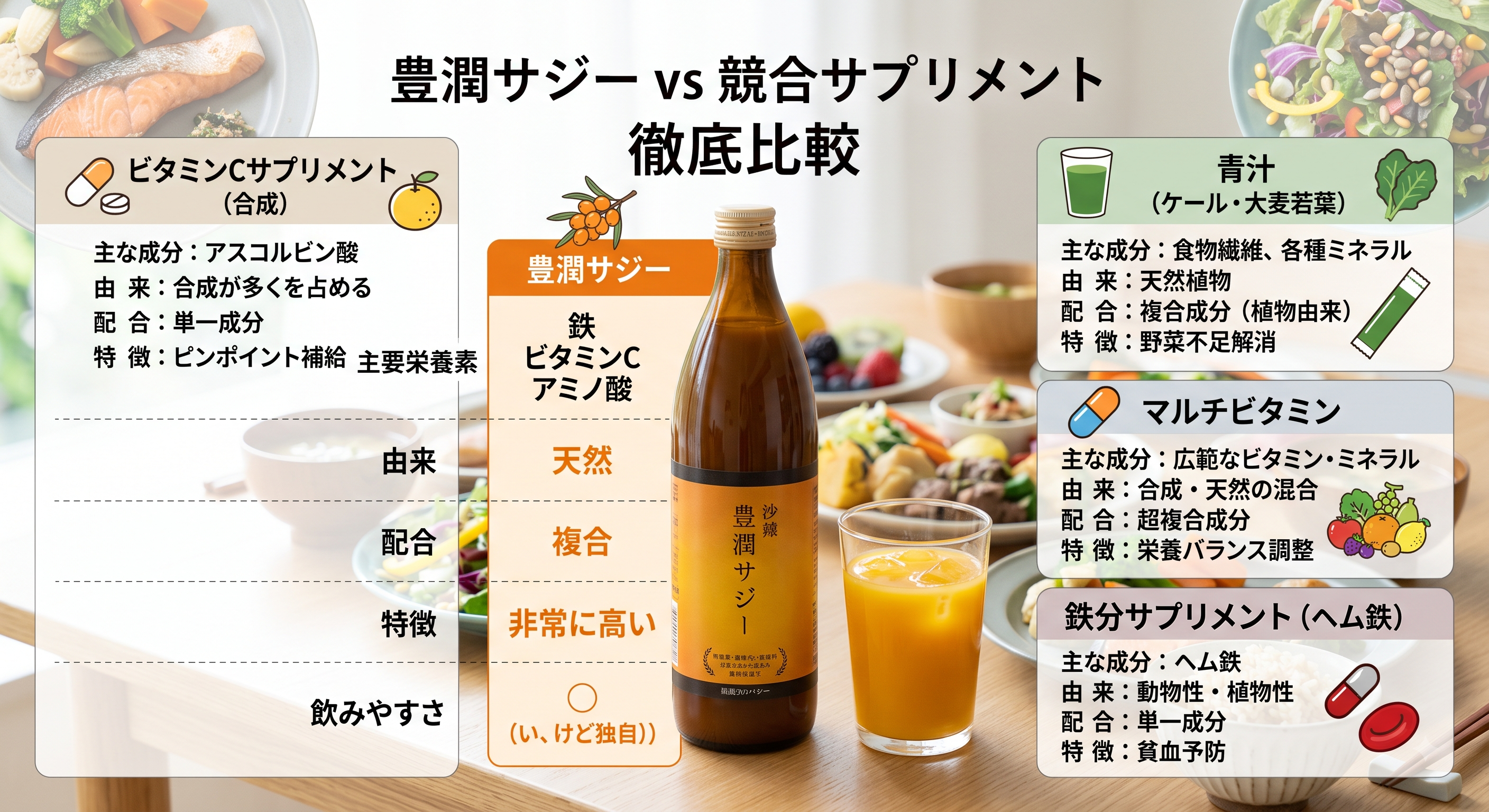 豊潤サジーと競合する様々なサプリメントとの比較